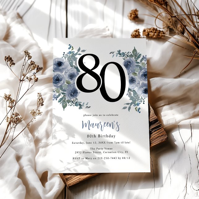 Invitación Cumpleaños 80 Elegante Floral Azul (Subido por el creador)