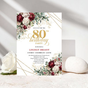 Invitación Cumpleaños 80 Elegante Floral Burgundy Acuarela