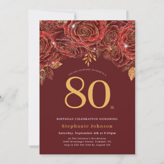 Invitación Cumpleaños 80 Elegante Floral Dorado Borgoña
