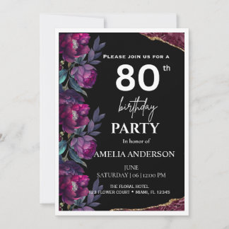 Invitación Cumpleaños 80 Elegante Floral Malhumorado Burgundy