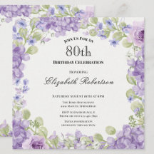 Invitación Cumpleaños 80 Elegante Floral Púrpura