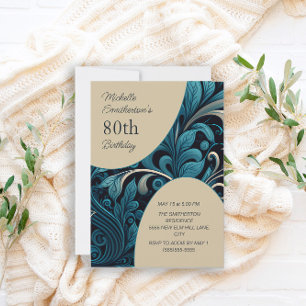 Invitación Cumpleaños 80 Elegante Floral Turquesa y Dorado