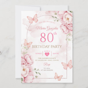 Invitación Cumpleaños 80 Elegante Mariposa Floral Rosa