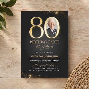 Invitación Cumpleaños 80 Elegante Moderno Negro y Dorado