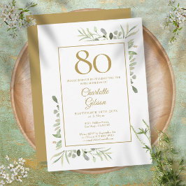 Invitación Cumpleaños 80 Elegante Oro Acuarela Verde