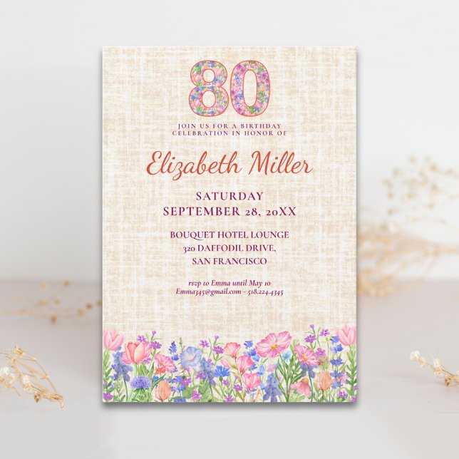 Invitación Cumpleaños 80 elegante para ella - Flores rosadas (Subido por el creador)