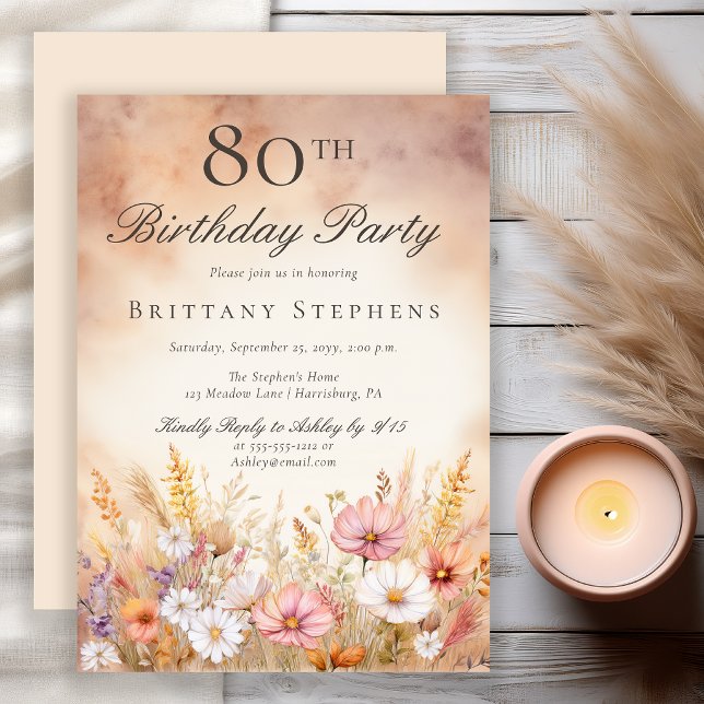 Invitación Cumpleaños 80 Elegante Prado de Flores Silvestres  (Elegant watercolor wildflower meadow 80th birthday invitation)