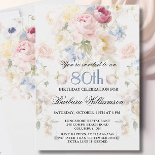 Invitación Cumpleaños 80 Elegante Rosa Floral Pintada al Natu