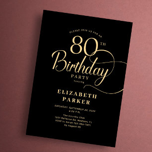 Invitación Cumpleaños 80 Elegante Sencillo Negro Dorado Letra