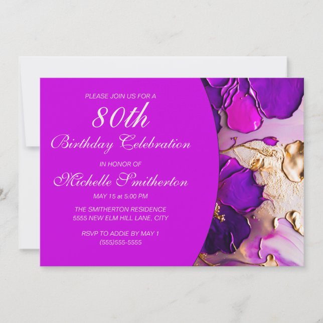 Invitación Cumpleaños 80 Elegantes Flores Moradas Rosadas Dor (Anverso)