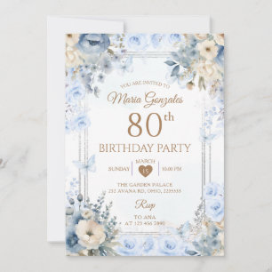 Invitación Cumpleaños 80 Elegantes Rosas Plateadas y Azules P