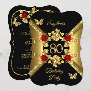 Invitación Cumpleaños 80 Elegantes Rosas Rojas Doradas Negras