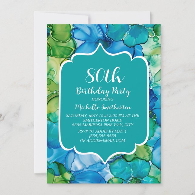 Invitación Cumpleaños 80 en azul verde y agua turquesa (Anverso)