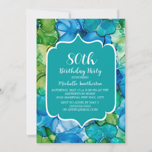 Invitación Cumpleaños 80 en azul verde y agua turquesa