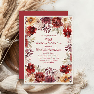 Invitación Cumpleaños 80 en Floral Acuarela Crema Borgoña