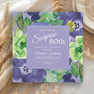 Invitación Cumpleaños 80 en Floral Acuarela Púrpura Verde y A