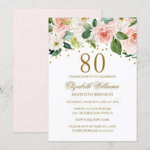 Invitación Cumpleaños 80 en Flores Acuarela de Oro Rosa