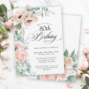 Invitación Cumpleaños 80 en Flores Acuarela Rosa y Beige