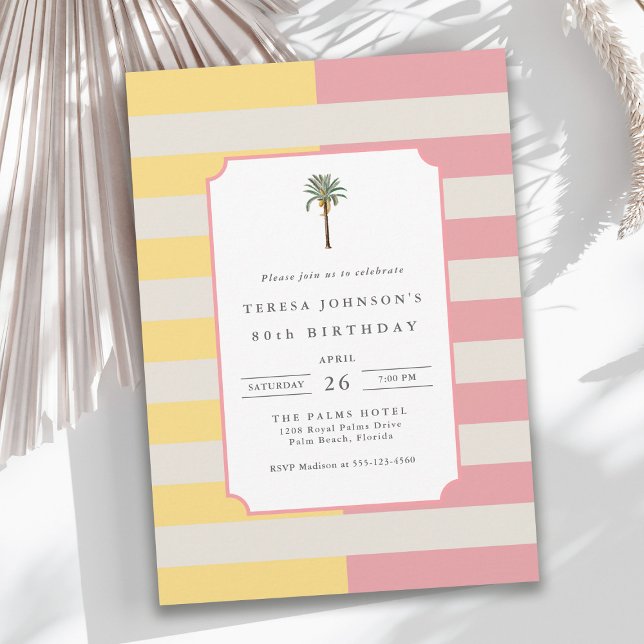 Invitación Cumpleaños 80 en Palm Beach con rayas pastel tropi (Subido por el creador)