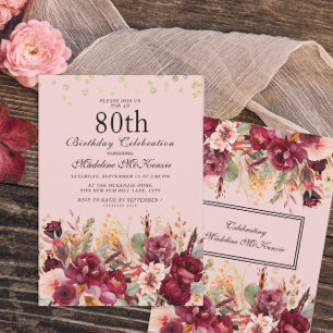 Invitación Cumpleaños 80 en Rosa Burdeos Floral Dorado Brilla