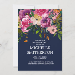 Invitación Cumpleaños 80 en Rosa Purpura Floral Azul Marino