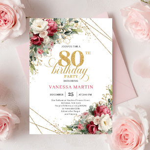 Invitación Cumpleaños 80 estilo floral verde blanco Borgoña
