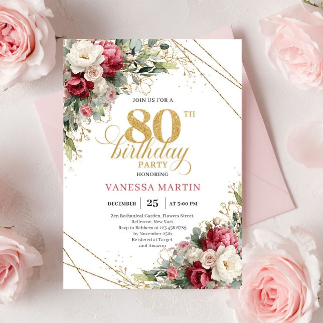 Invitación Cumpleaños 80 estilo floral verde blanco Borgoña (Burgundy white floral greenery style 80th birthday invitation

)