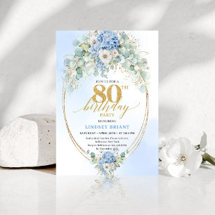Invitación Cumpleaños 80 Estilo Hidrangea Azul con Acento Dor