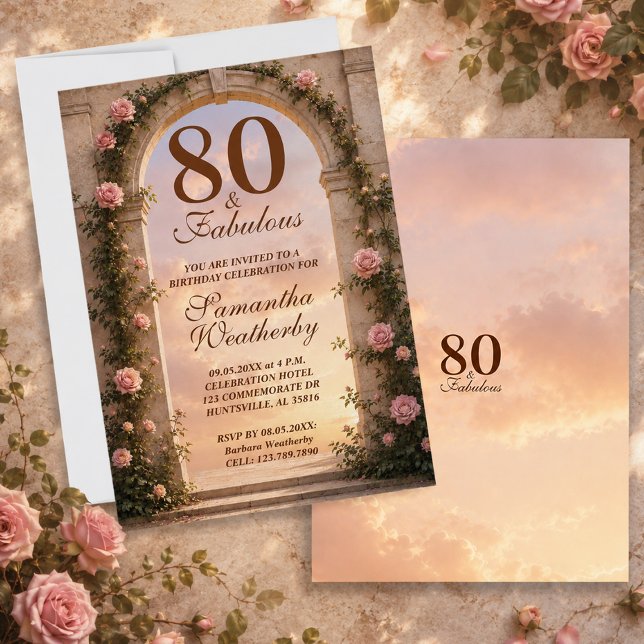 Invitación Cumpleaños 80 & Fabuloso con Arco Floral (80 & Fabulous Floral Arch Birthday Invitation)