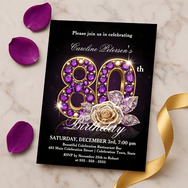 Invitación Cumpleaños 80 Fancy Regal Rose Amethyst Gold (Subido por el creador)