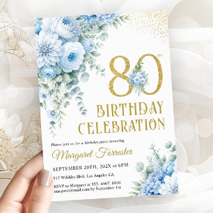 Invitación Cumpleaños 80 Feminino Polvo Azul Dorado Brillo