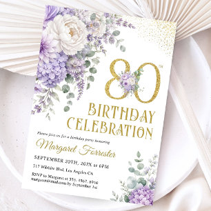 Invitación Cumpleaños 80 Feminino Polvo Purpura Dorado Brilla