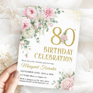 Invitación Cumpleaños 80 Feminino Rosa Elegante Dorado