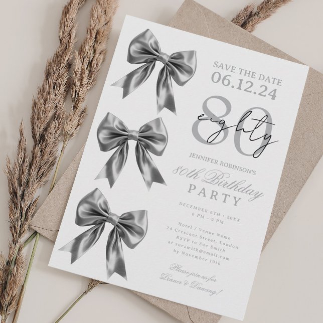Invitación Cumpleaños 80 Fiesta de Cumpleaños Bow Save Date (Silver Coquette Bow Save Date 80th Birthday Party Invitation)