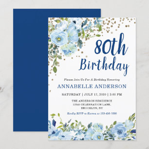 Invitación Cumpleaños 80 Floral Azul Marino Brillante Puntos 