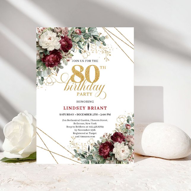 Invitación Cumpleaños 80 Floral Boho Burgundy Verde (Burgundy Floral Boho Greenery 80th Birthday)