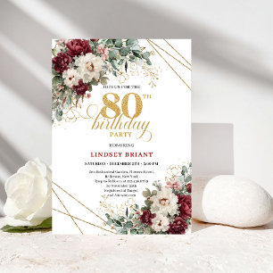 Invitación Cumpleaños 80 Floral Borgoña Verde Dorado