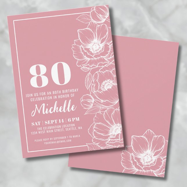 Invitación Cumpleaños 80 Floral Rosa (Floral Pink 80th Birthday Invitation)