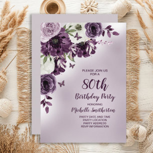 Invitación Cumpleaños 80 Flores Blancas Moradas Mariposas