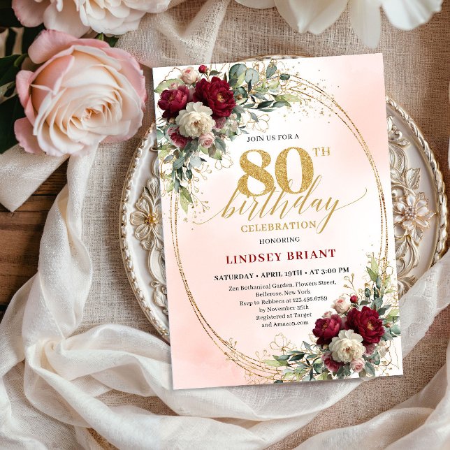 Invitación Cumpleaños 80 Flores Borgoña Rubor Boheme (Bohemian Blush Burgundy Flowers 80th Birthday Invite)