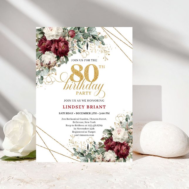 Invitación Cumpleaños 80 Flores Doradas de Borgoña Románticas (Romantic Burgundy Gold Flowers 80th Birthday)