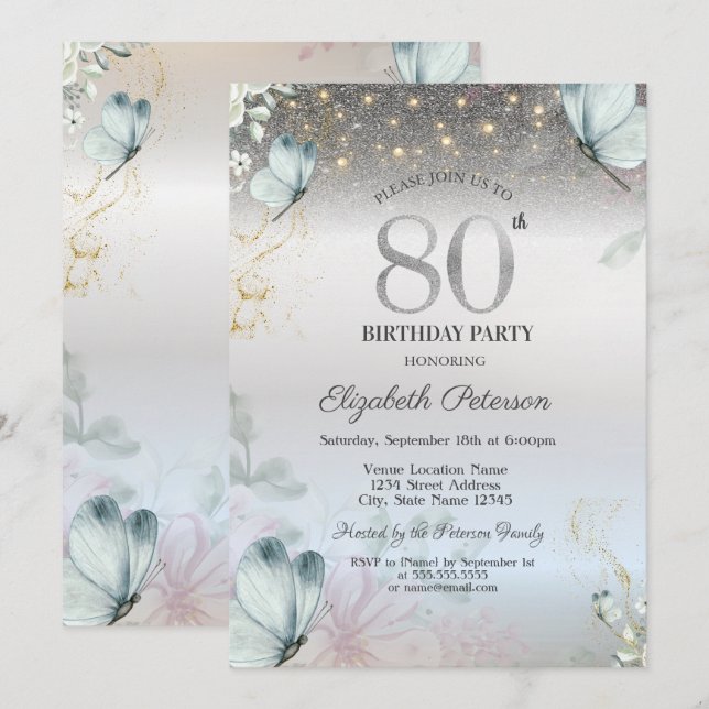 Invitación Cumpleaños 80 Flores Mariposas Azules Plateadas (Anverso / Reverso)
