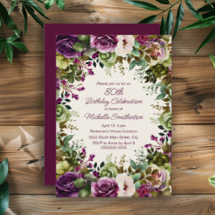 Invitación Cumpleaños 80 Flores Purple Rosa Verde