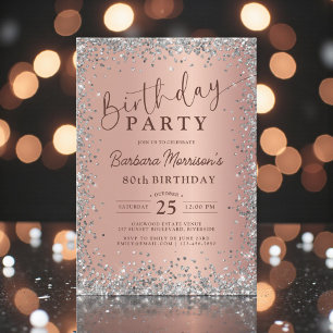 Invitación Cumpleaños 80 Glam Plata Rosa Dorado Brillo