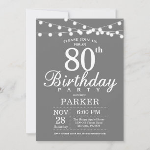 Invitación Cumpleaños 80 Gris y Blanco