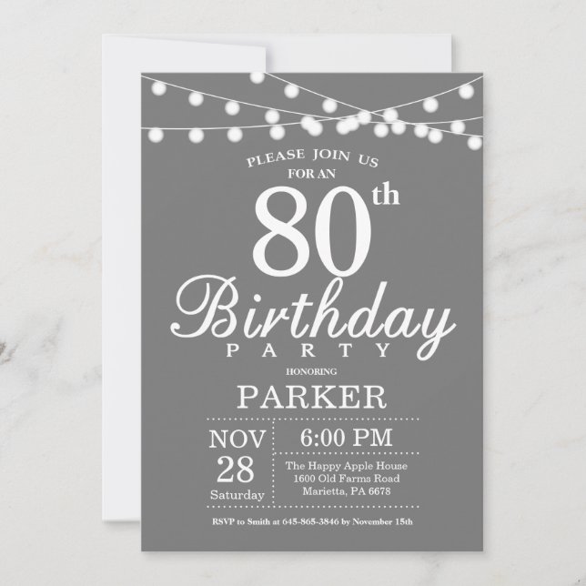 Invitación Cumpleaños 80 Gris y Blanco (Anverso)
