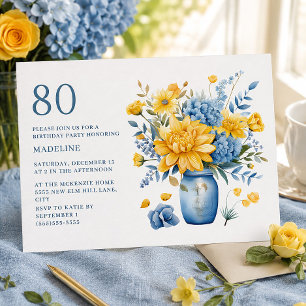 Invitación Cumpleaños 80 Jardín de Campo Floral Azul Amarillo