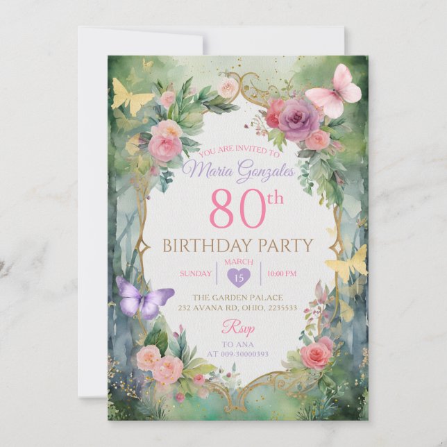 Invitación Cumpleaños 80 Jardín de Mariposas Encantadas  (Anverso)