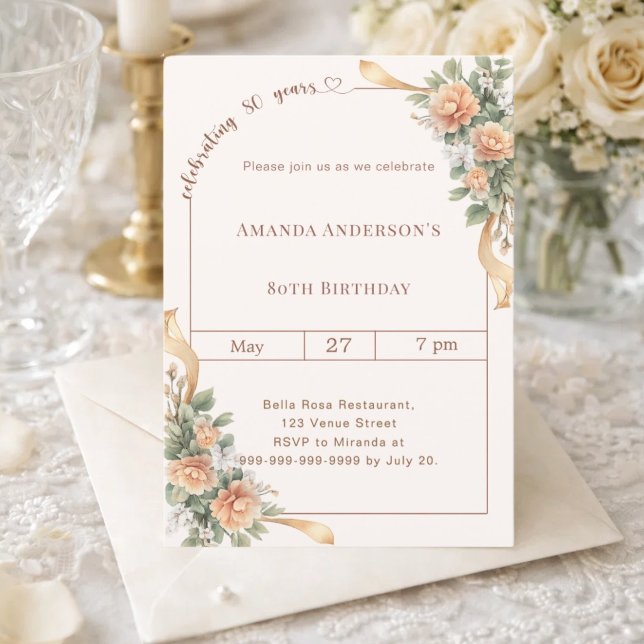 Invitación cumpleaños 80 marfil crema flores lazo (Subido por el creador)