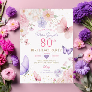 Invitación Cumpleaños 80 Mariposa Floral Rosa y Púrpura